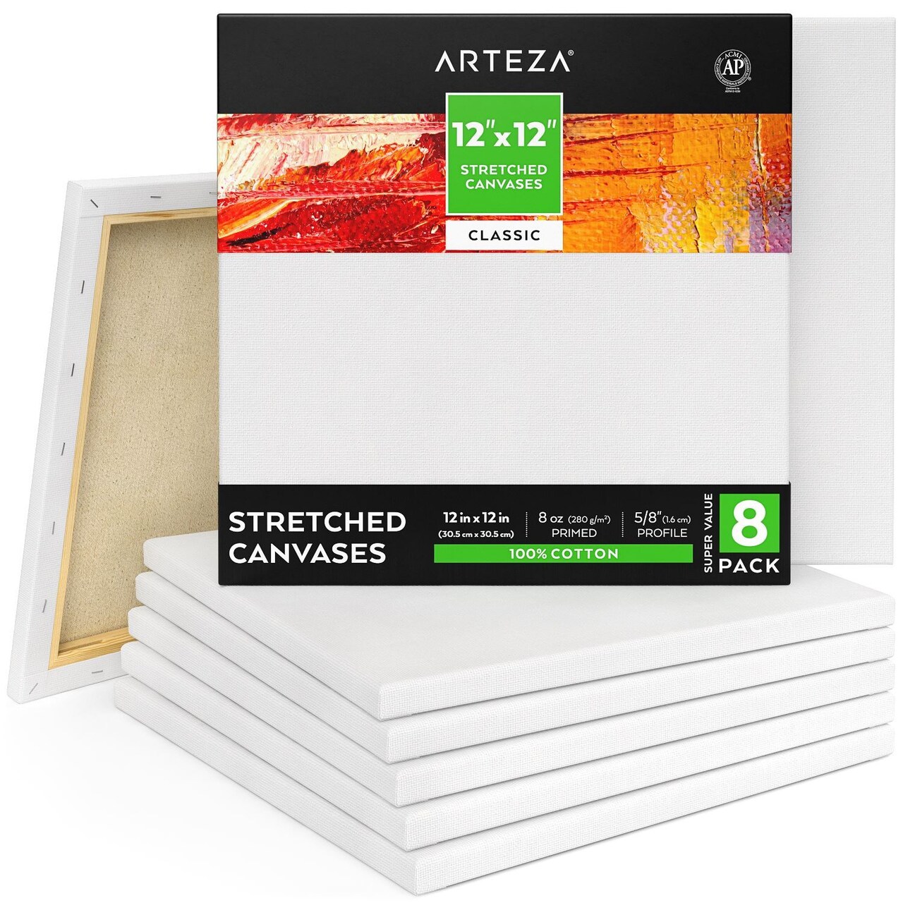 Arteza Stretched Canvas, Classic, White, 12"x12", Blank Canvas Boards for Painting - 8 Pack